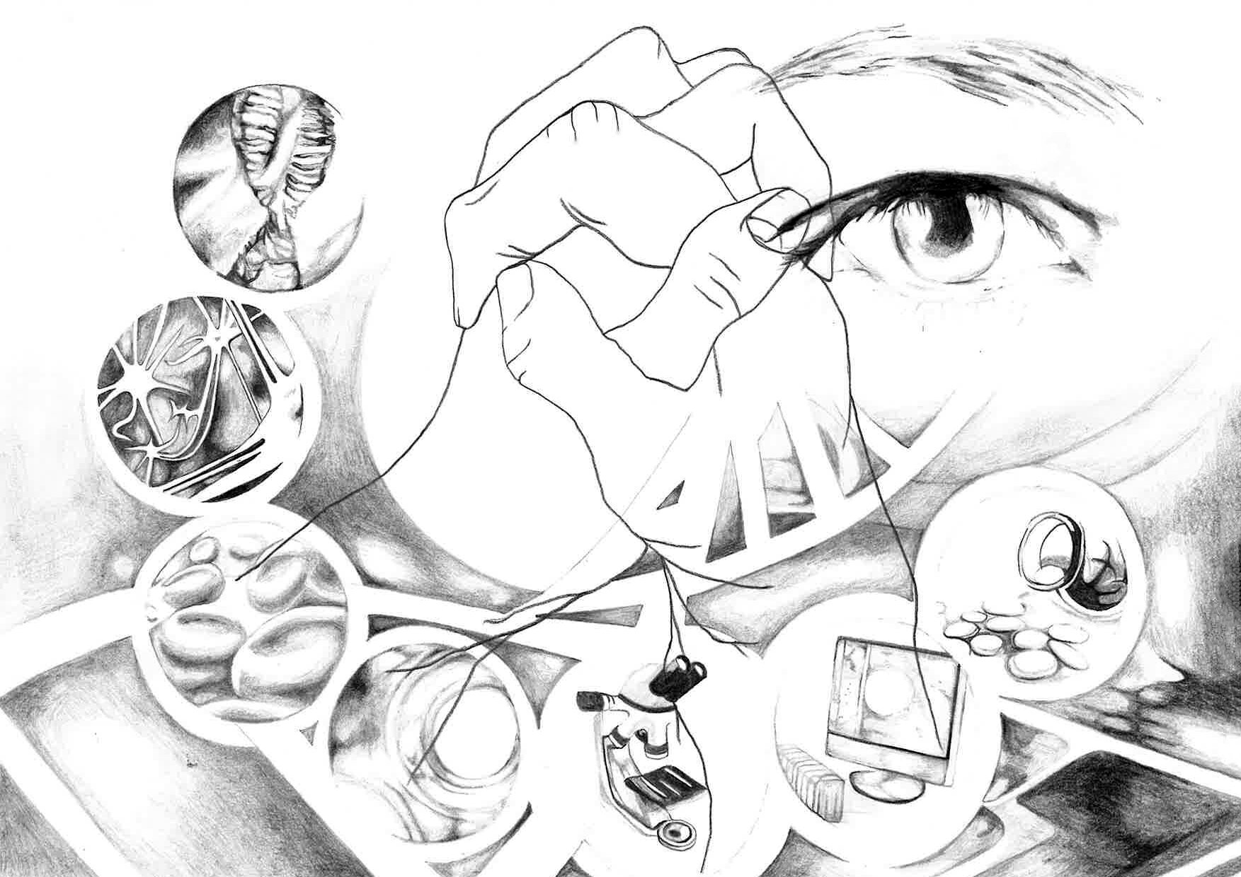 DNA hand drawing, pencil on paper, full view