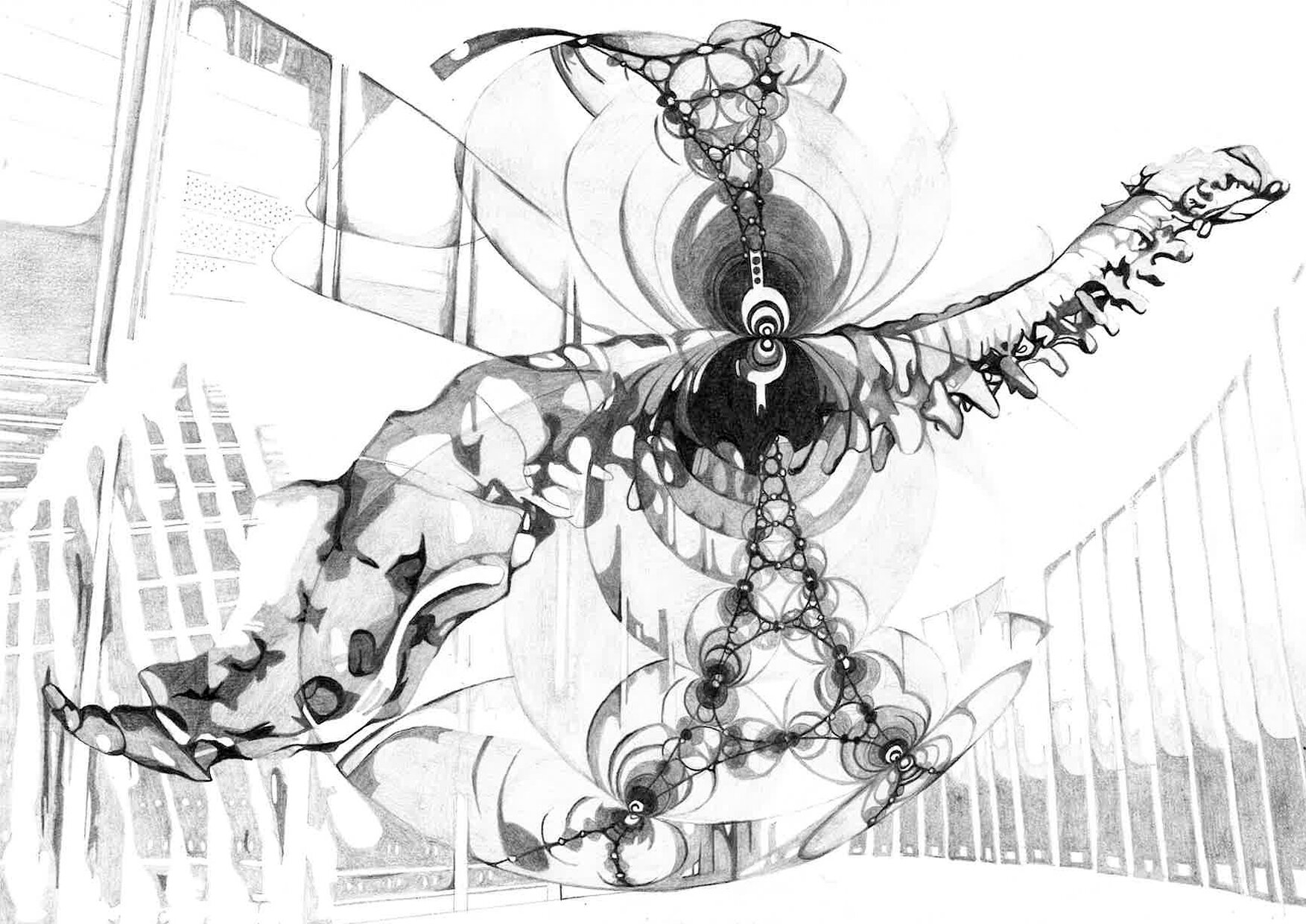 Hyperbolic spine drawing, pencil on paper, full view