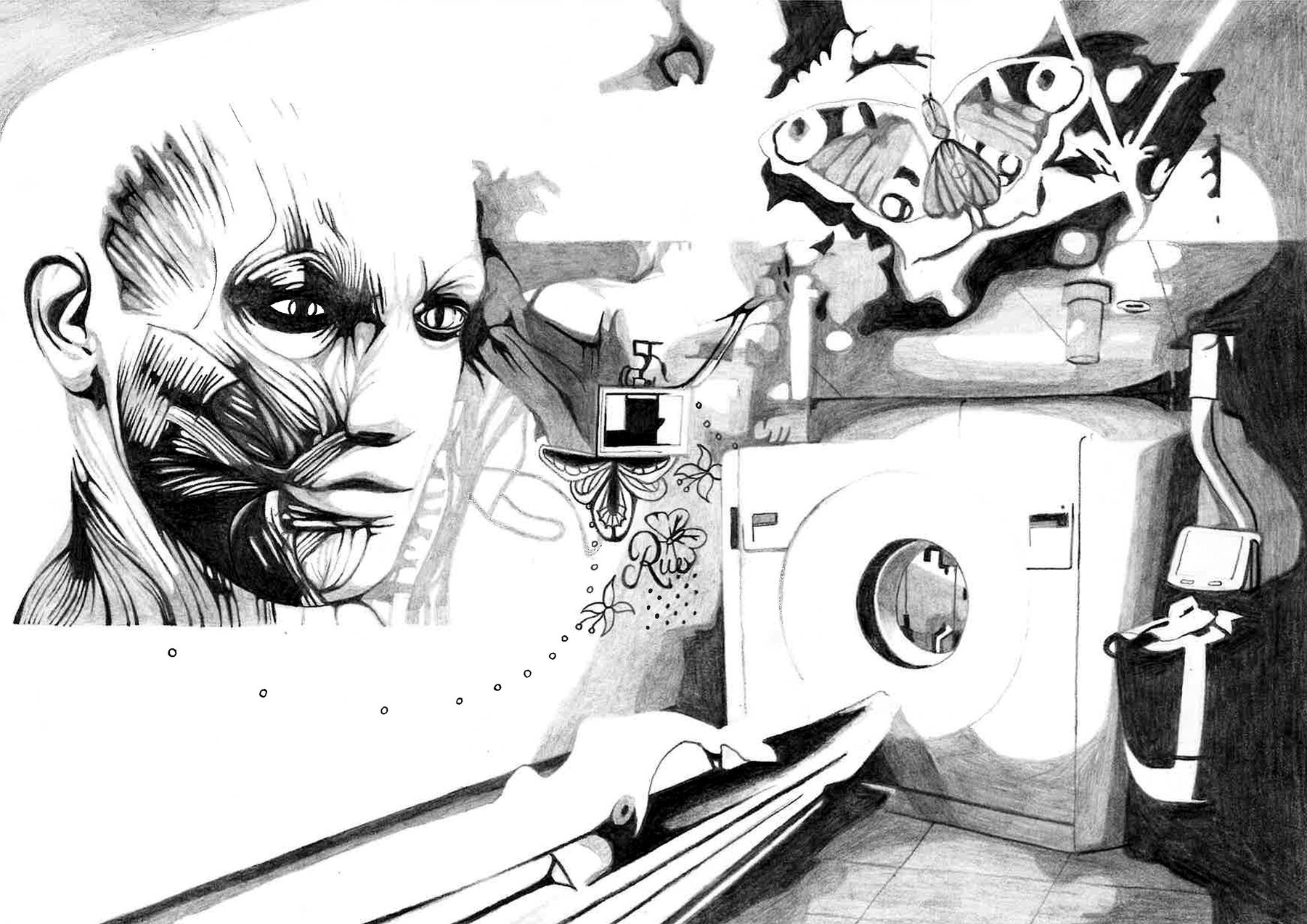 Scanner face drawing, pencil on paper, full view