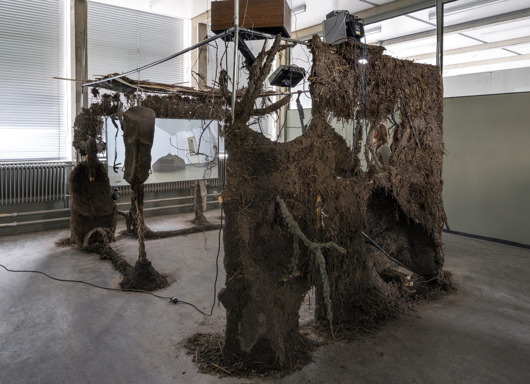 Nest, wide installation view of soil and root sculpture